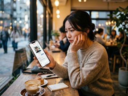 カフェでスマホのプロフィール画面を見て考え込む女性。