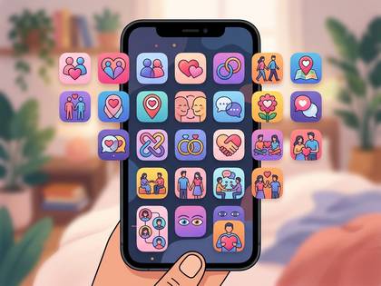恋愛テーマのアイコンが溢れるスマートフォンを持つ手。