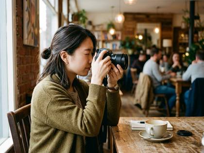 カフェで一眼レフカメラを構え、集中して撮影する女性。