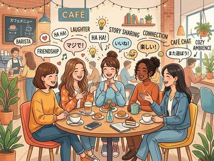 カフェで女性たちが笑顔で交流し、友情や楽しい時間を共有しているイラスト。