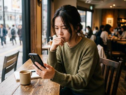 カフェでスマホを見ながら口元に手を当て、考え込む女性。