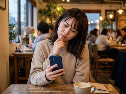 カフェでスマートフォンを見ながら考え込む女性。