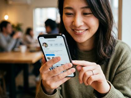 カフェでインスタグラムを見る笑顔の女性。
