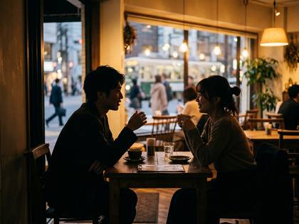 カフェで向かい合い、コーヒーを飲みながら会話する男女。