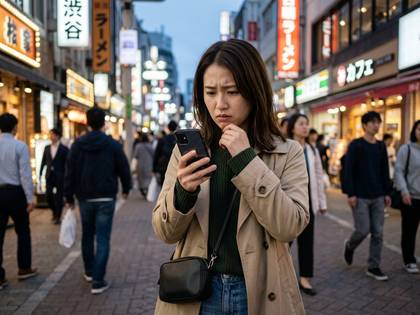 アジア人女性が街中で困惑した表情でスマホを見る。