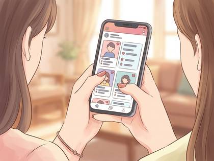 二人の女性がスマートフォンでマッチングアプリの画面を覗き込んでいる。