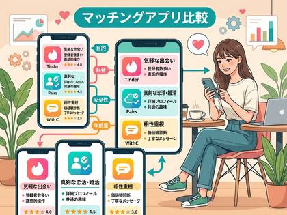 マッチングアプリ比較のイラスト。Tinder、Pairs、WithCの目的、料金、安全性などを紹介。