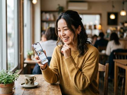 カフェでスマホを見ながら笑顔を見せる女性。
