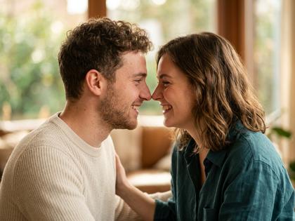 微笑み合う男女のクローズアップ、自然光の柔らかな雰囲気