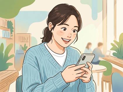カフェでスマホを見る笑顔の女性。