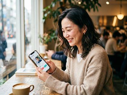 カフェでマッチングアプリを見る笑顔の女性。