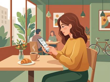 カフェでスマホを操作する女性のイラスト。コーヒーとクロワッサンがテーブルに。