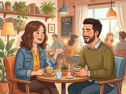 カフェで向かい合い、コーヒー片手に笑顔で会話を楽しむ男女。