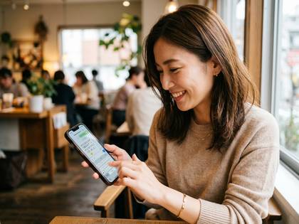 カフェでスマートフォンを笑顔で操作する女性。