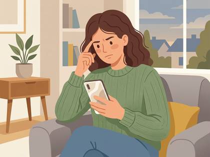 ソファに座り、スマホを見て考え込んでいる女性のイラスト。