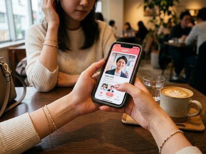 カフェで女性がスマートフォンでマッチングアプリのプロフィール画面を見ている。
