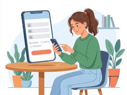 オンラインサービスのログイン画面をスマホで操作する女性のイラスト。