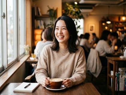 窓際のカフェで笑顔でコーヒーを飲むアジア人女性。