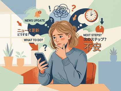ニュース更新に不安を感じ、スマホを手に考え込む女性のイラスト。