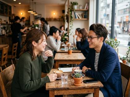 カフェで笑顔で会話を楽しむカップル。