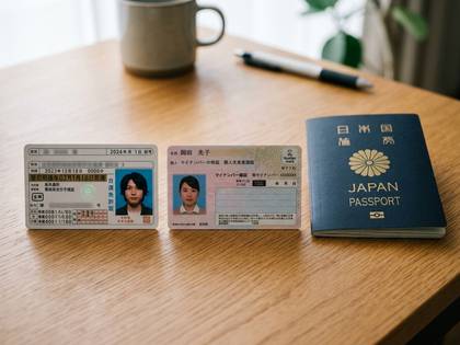 机の上に置かれた日本の運転免許証、マイナンバーカード、パスポート。