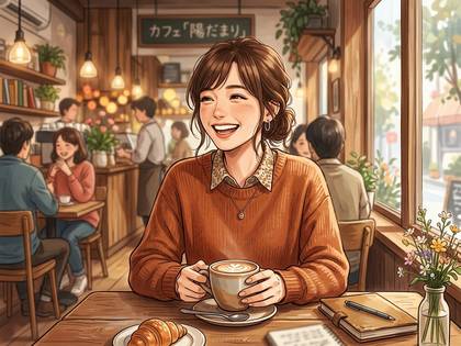 カフェで笑顔でくつろぎながらコーヒーを飲む女性。