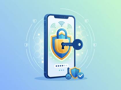 スマートフォンと鍵、盾のイラスト。データ保護とセキュリティ対策。