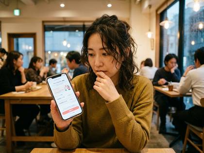 カフェでスマートフォンを見つめ、考え込む女性。