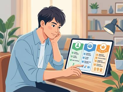 タブレットでサービスプランを比較検討する男性のイラスト。