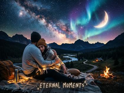 星空の下で寄り添うカップル、幻想的な雰囲気