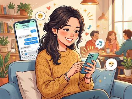 笑顔でスマホを操作しチャットする女性。カフェと自宅が融合したような空間。