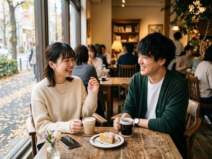 カフェで笑顔の男女が会話中。コーヒーとケーキがテーブルに。