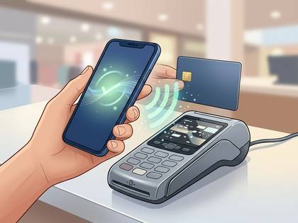 スマートフォンとクレジットカードによる非接触決済のイラスト。