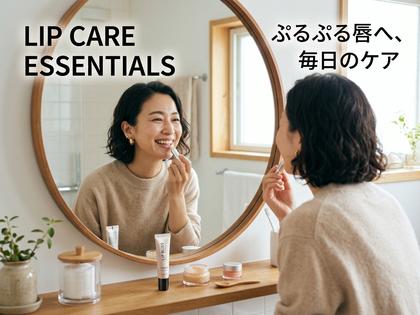 リップケアアイテムと鏡の前で笑顔の女性