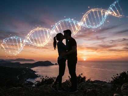 唇を寄せ合う若いカップルのシルエットと、背景にDNAの二重らせんが浮かぶイメージ