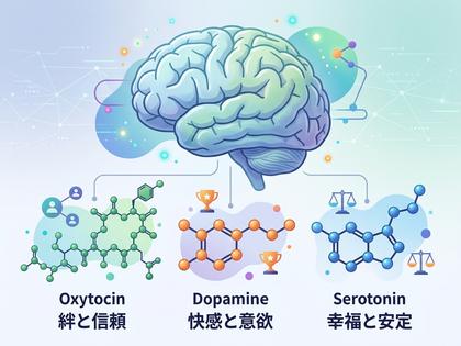 脳のイラストとオキシトシン・ドーパミン・セロトニンの分子模型が並んだインフォグラフィック風の画像