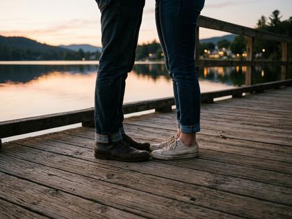 寄り添う二人の足元と、夕暮れの柔らかい光が差し込む穏やかなシーン