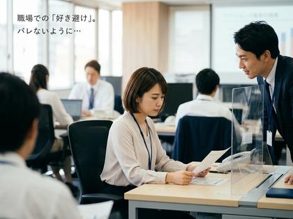 職場でデスクワーク中の女性と、話しかける男性社員。