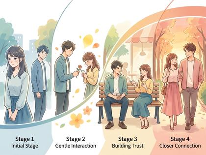 男女の出会いから親密な関係への発展を4段階で描いたイラスト。