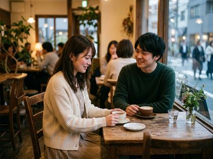 カフェで向かい合って座り、笑顔で会話する男女。