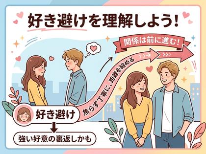 「好き避け」を理解し、関係を進展させる男女のイラスト。