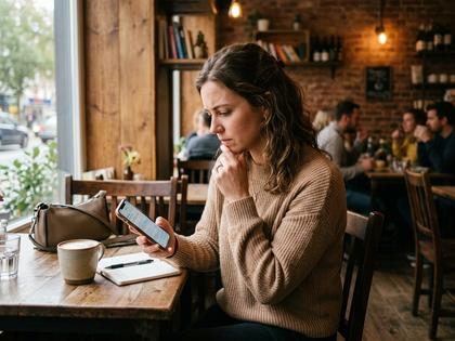 カフェでスマホを見ながら考え込む女性