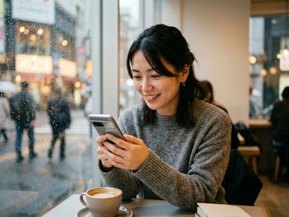 安心した表情でスマホを見る女性