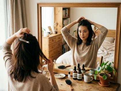 鏡の前で髪を整えながら自分を見つめる女性