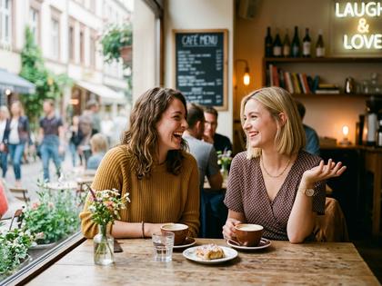 カフェで女友達二人が笑いながら恋愛トークを楽しんでいる様子