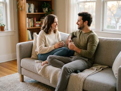 ソファでくつろぐカップルが向かい合って会話を楽しんでいる温かい雰囲気