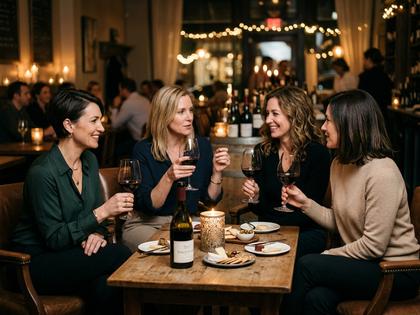 ワイングラスを片手に大人の女性たちが落ち着いた雰囲気で会話している様子