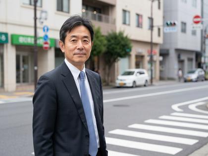 スーツを着た落ち着いた雰囲気の中年男性が街角に立っている写真