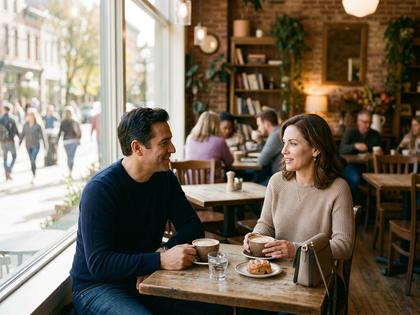 カフェで穏やかに会話する大人の男性と女性のシーン
