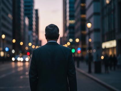 夕暮れの街を歩く落ち着いた雰囲気の大人の男性の後ろ姿